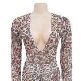 Women Sexy Leopard Print Long Sleeve Jumpsuit