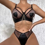 Women PU-Leather Two Pieces See-Through Game Sexy Lingerie Set