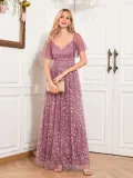 Women Elegant See-Through Short Sleeve V-Neck Mesh Evening Dress