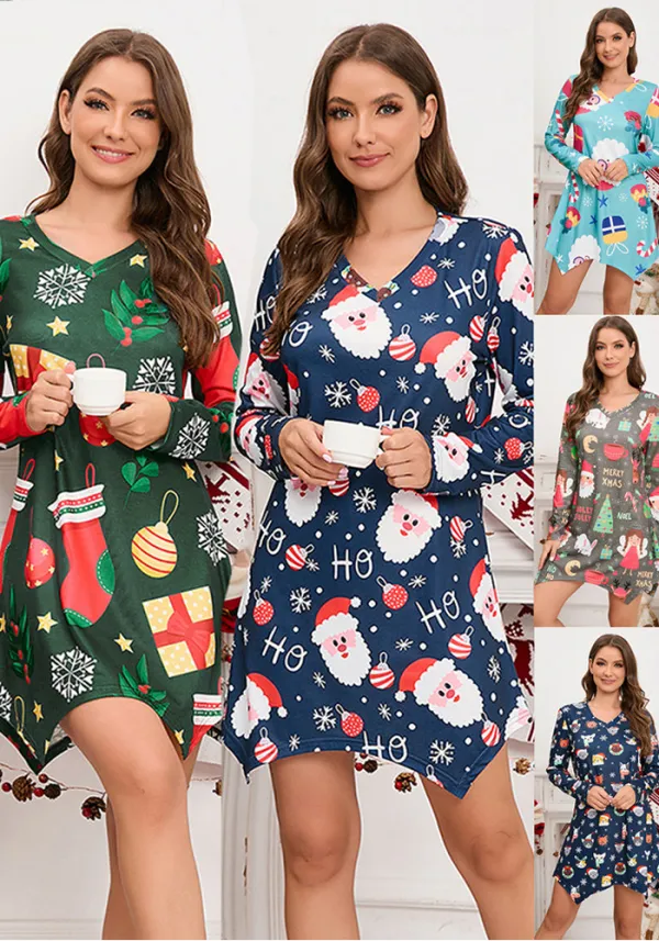 Christmas Plus Size Women V-Neck Irregular Dress