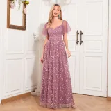 Women Elegant See-Through Short Sleeve V-Neck Mesh Evening Dress