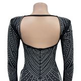 Women Solid mesh Beaded long sleeve dress