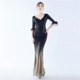 Women ostrich feather gradient sequin half-sleeve evening dress