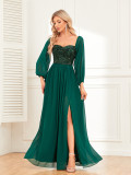 Women Elegant Off Shoulder Slit Lace Up Sequin Patchwork Chiffon Long Sleeve Evening Dress