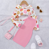 Girl hooded Top and donut print pink dress two-piece set