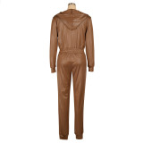 Women Casual PU-Leather Hooded and Pant Two-piece Set