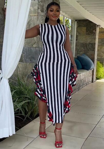 Women's Printed Stripe Patchwork Ruffle Edge Sleeveless Long Dress