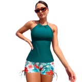 Floral Lace-Up Boxer Shorts Low Back Sexy Top Two Piece Swimsuit For Women