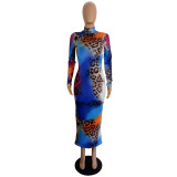 Women's Fashion Printed Long Sleeve Slim Fit Stand Collar Dress