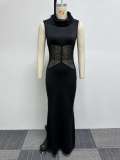 Sexy Turtleneck Sleeveless Stretch Mesh Patchwork See-Through Tight Fitting Long Dress