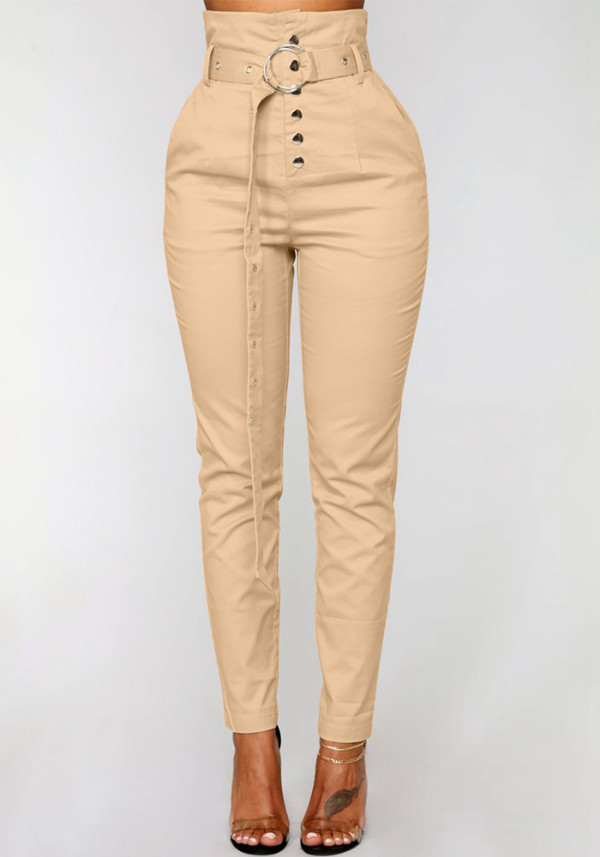 Women's Fitted Solid Color High Waist Pants With Belt