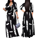 Spring And Autumn Fashion Women's Wrap V-Neck Elegant Half-Sleeve Printed Long Dress