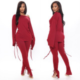 Women's Solid Color Lace-Up Long-Sleeved Autumn And Winter Two Piece Pants Set