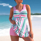 Stripe Print Swimming Dress Square Leg High Waist Shorts Two Pieces Swimsuit