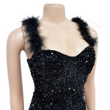Fashion Women's Solid Color Feather Straps Sequin Sleeveless Short Party Dress