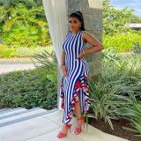 Women's Printed Stripe Patchwork Ruffle Edge Sleeveless Long Dress