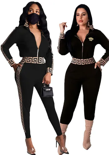 Fashion Casual Women's Zip Long Sleeve Two Piece Pants Set