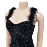 Fashion Women's Solid Color Feather Straps Sequin Sleeveless Short Party Dress