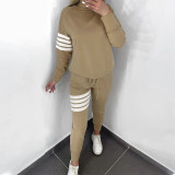Casual Women's Spring And Autumn Round Neck Striped Patchwork Long Sleeve Top Pants Two-Piece Set