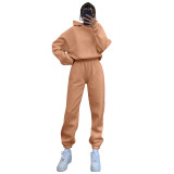 Women Solid Long Sleeve Hoodies and Casual Pants Two-piece Set