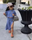 Girls Casual Solid Short Sleeve T-Shirt And Slit Skirt Two-piece Set