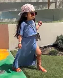 Girls Casual Solid Short Sleeve T-Shirt And Slit Skirt Two-piece Set