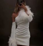 Women Sexy Feather Patchwork Off-Shoulder Asymmetric Bodycon Dress