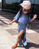 Girls Casual Solid Short Sleeve T-Shirt And Slit Skirt Two-piece Set
