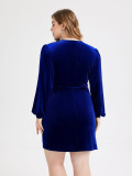 Plus Size Women V Neck Elegant French Velvet Long Sleeve Bodycon Dress