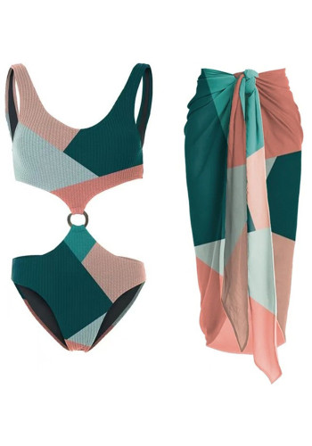 Women mesh Mesh Skirt color block one-piece bikini Swimwear two-piece set