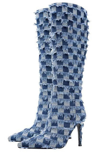 Women Checkerboard Denim Tassel Boots