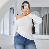 Plus Size Women High Long Sleeve Slash Shoulder Off-the-Shoulder Irregular Pleated T-Shirt