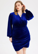 Plus Size Women V Neck Elegant French Velvet Long Sleeve Bodycon Dress