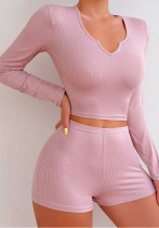 Women Long Sleeve Top and Shorts Lounge Wear Two Piece Set