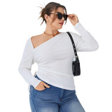 Plus Size Women High Long Sleeve Slash Shoulder Off-the-Shoulder Irregular Pleated T-Shirt