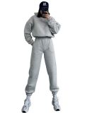 Women Solid Long Sleeve Hoodies and Casual Pants Two-piece Set