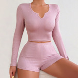 Women Long Sleeve Top and Shorts Lounge Wear Two Piece Set