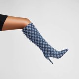 Women Checkerboard Denim Tassel Boots