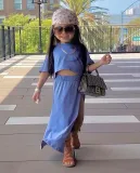 Girls Casual Solid Short Sleeve T-Shirt And Slit Skirt Two-piece Set