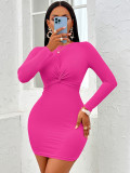 Women Sexy Casual Solid Round Neck Knot Long Sleeve Dress