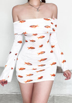 Women Summer Long Sleeve Off Shoulder Printed Bodycon Dress