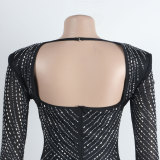 Women Sexy Long Sleeve Beaded Backless Hollow Solid Dress