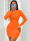 Women Sexy Casual Solid Round Neck Knot Long Sleeve Dress
