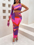 Women sexy printed asymmetrical one-shoulder Top and Skirt two-piece set