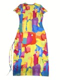 Sexy Multicolor Print Short Sleeve Drawstring Irregular Casual Dress