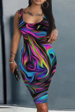 Sexy Multicolor Stripes Print Straps Bodycon Dress