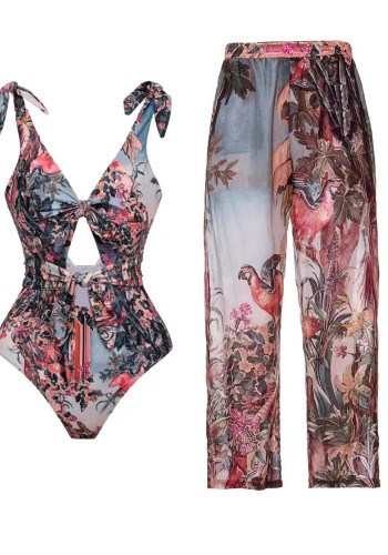 Spring One-Piece Swimsuit Sexy Printed Mesh High Waist Trousers Two Piece Set