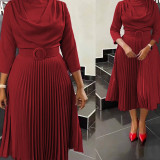 Autumn Women's Fashion African Plus Size Solid Color Pleated Dress