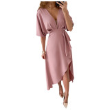 Casual V-Neck Solid Color Irregular Dress For Women