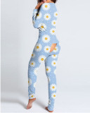 Autumn And Winter Button Flip Adult Pajamas Printed Christmas Long-Sleeved Home Clothes Jumpsuit